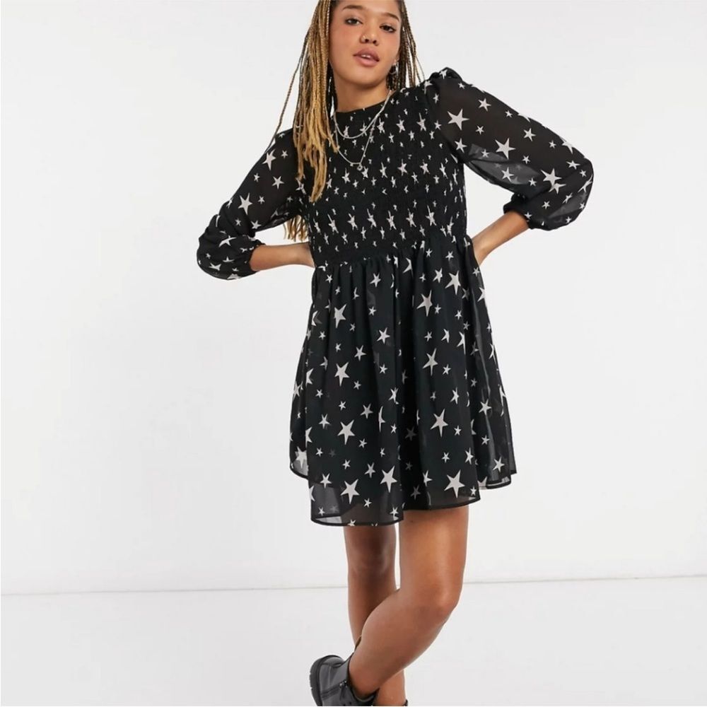 Asos Design Shirred Smocked Star Print Mini Dress Black & White Sz 10
